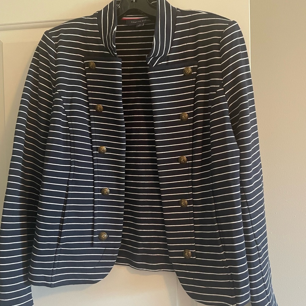 Tommy Hilfiger Navy and White Striped Military-Style Blazer